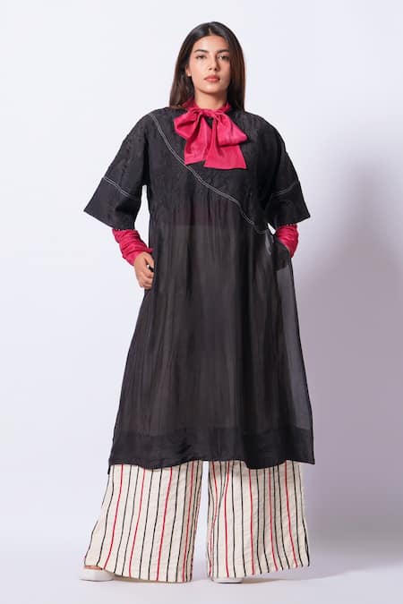Stoique Black Silk Embroidery, Beads Round Neck Sprout Tunic 