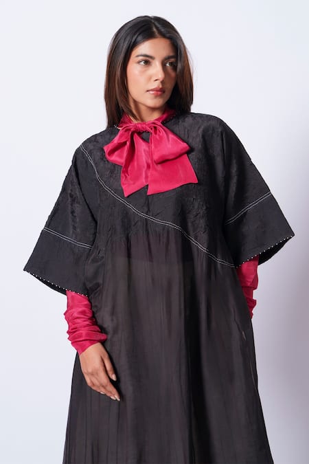 Stoique_Black Silk Embroidery, Beads Round Neck Sprout Tunic _at_Aza_Fashions