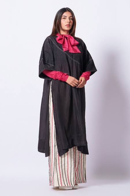 Stoique_Black Silk Bows Round Neck Brim Upada Top _Online_at_Aza_Fashions