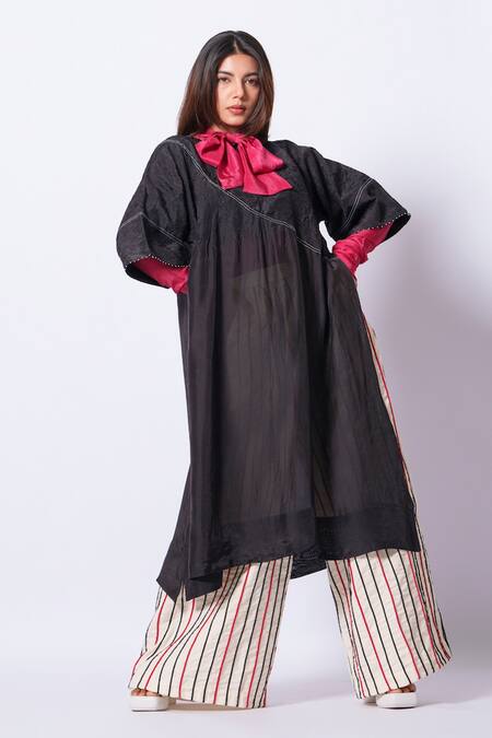 Shop_Stoique_Black Silk Bows Round Neck Brim Upada Top _Online_at_Aza_Fashions