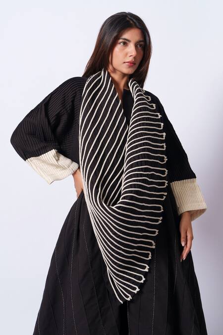 Stoique_Black Embroidery Dune Abstract Pattern Scarf _at_Aza_Fashions