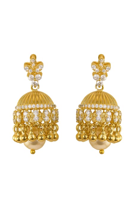 Shop Sica Jewellery White Stones, Pearls 925 Silver Kanika Jhumkas at Aza Fashions Shop_Sica Jewellery_White Stones, Pearls 925 Silver Kanika Jhumkas _at_Aza_Fashions