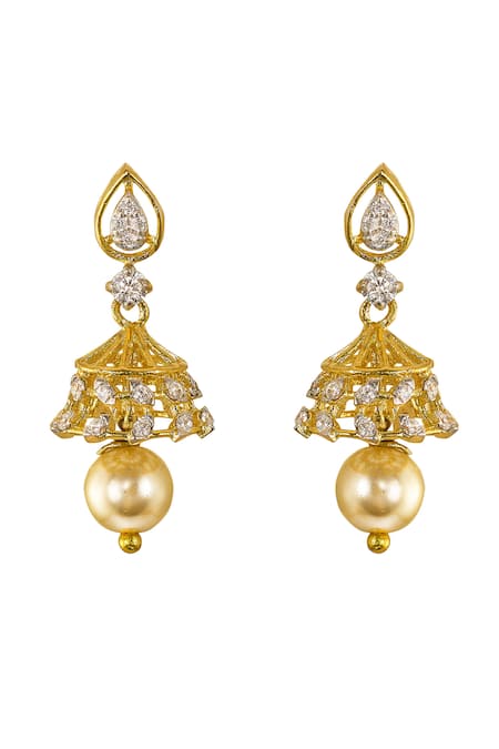 Shop Sica Jewellery White Pearls, Stones 925 Silver Rasika Jhumkas at Aza Fashions Shop_Sica Jewellery_White Pearls, Stones 925 Silver Rasika Jhumkas _at_Aza_Fashions