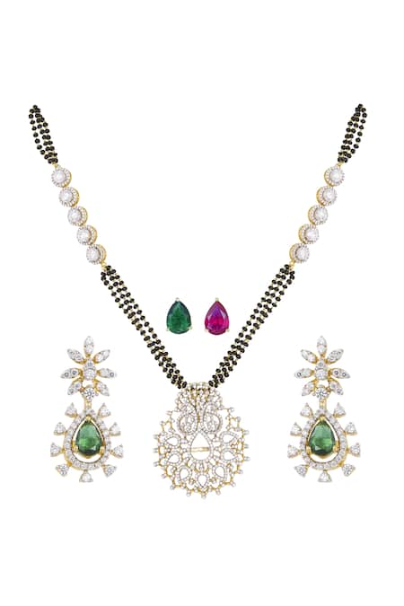 Shop Sica Jewellery Green Stones 925 Silver Devyani Mangalsutra And Earrings Set at Aza Fashions Shop_Sica Jewellery_Green Stones 925 Silver Devyani Mangalsutra And Earrings Set _at_Aza_Fashions