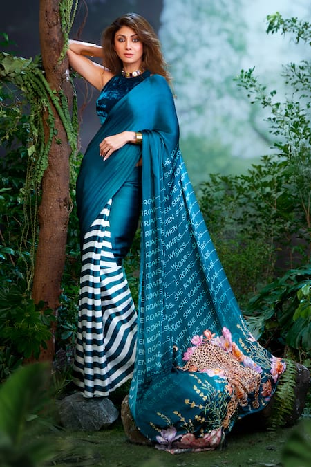 Aza X Shilpa Shetty Kundra Half n Half Printed Saree With Sheer Back Blouse 