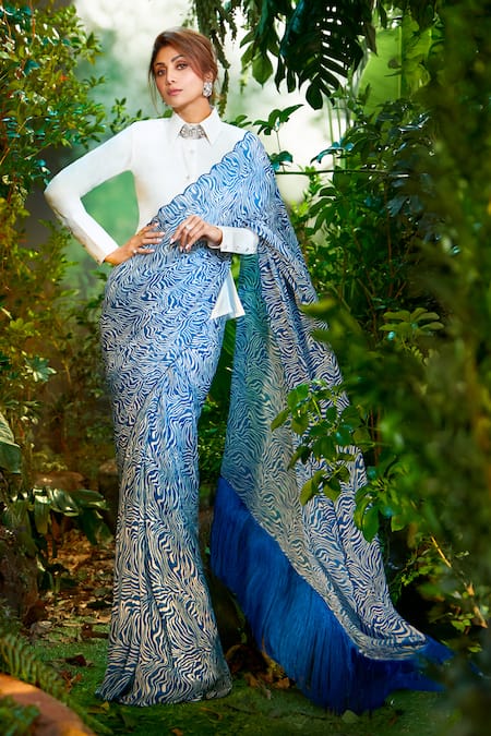 Aza X Shilpa Shetty Kundra Animal Swirl Print Saree With Shirt 