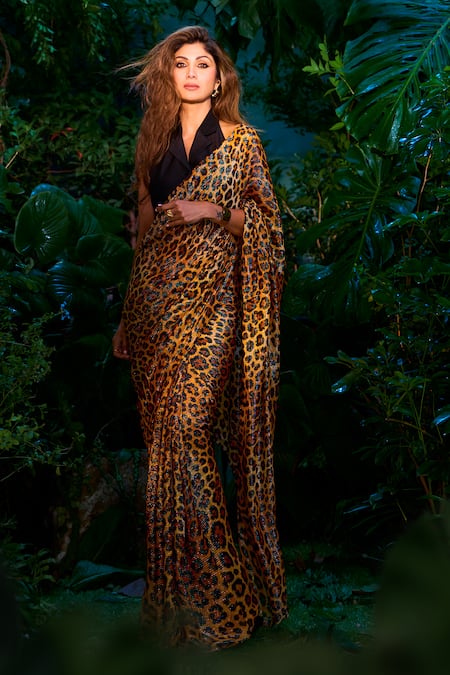 Aza X Shilpa Shetty Kundra Leopard Print Saree With Halter Tie-up Blouse 