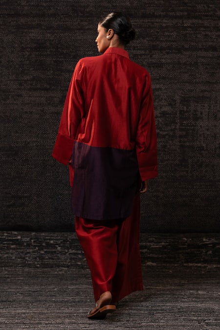 Shop Eeda Red Chanderi Silk Patchwork Collared Floral Pattern Shirt With Pant at Aza Fashions Shop_Eeda_Red Chanderi Silk Patchwork Collared Floral Pattern Shirt With Pant _at_Aza_Fashions