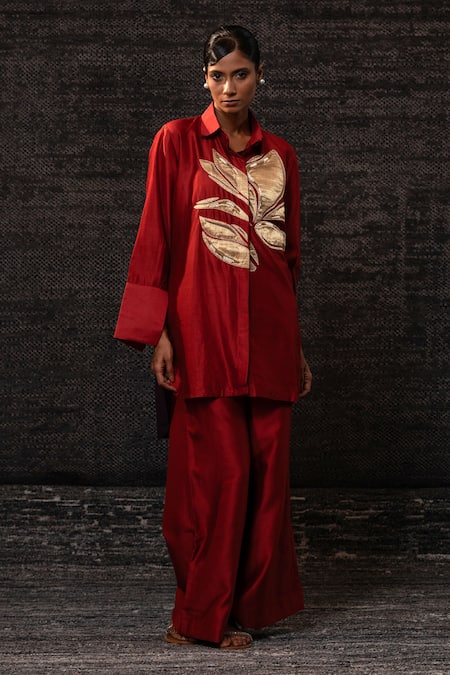 Shop Eeda Red Chanderi Silk Patchwork Collared Floral Pattern Shirt With Pant Online at Aza Fashions Shop_Eeda_Red Chanderi Silk Patchwork Collared Floral Pattern Shirt With Pant _Online_at_Aza_Fashions