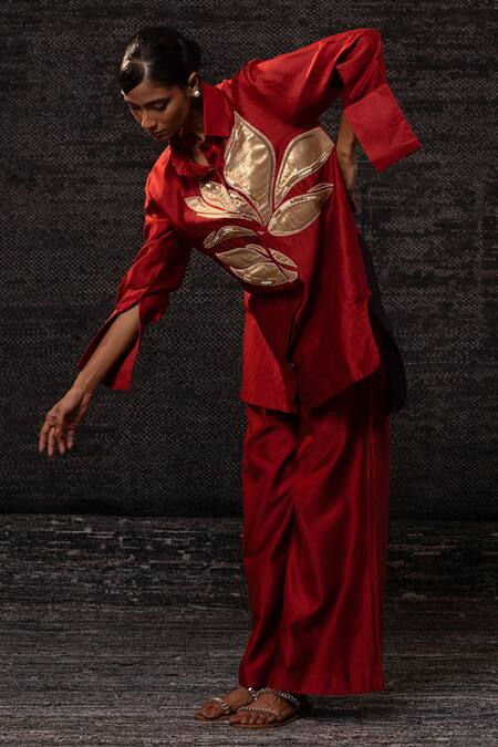 Eeda Red Chanderi Silk Patchwork Collared Floral Pattern Shirt With Pant at Aza Fashions Eeda_Red Chanderi Silk Patchwork Collared Floral Pattern Shirt With Pant _at_Aza_Fashions