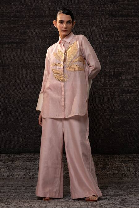 Buy Eeda Blush Chanderi Silk Patchwork Collared Floral Pattern Shirt With Pant Online at Aza Fashions Buy_Eeda_Blush Chanderi Silk Patchwork Collared Floral Pattern Shirt With Pant _Online_at_Aza_Fashions