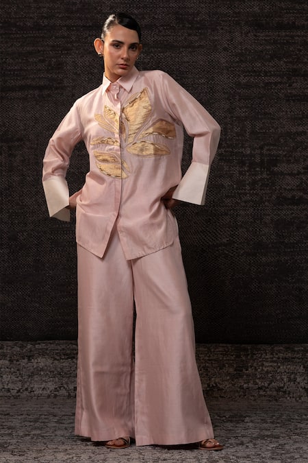 Eeda Blush Chanderi Silk Patchwork Collared Floral Pattern Shirt With Pant