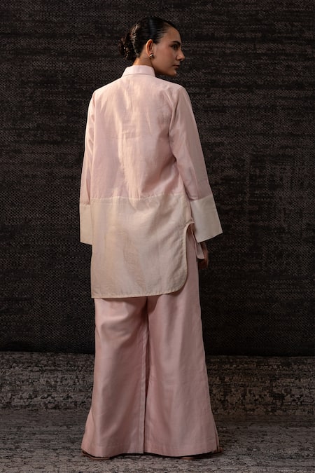 Shop Eeda Blush Chanderi Silk Patchwork Collared Floral Pattern Shirt With Pant at Aza Fashions Shop_Eeda_Blush Chanderi Silk Patchwork Collared Floral Pattern Shirt With Pant _at_Aza_Fashions