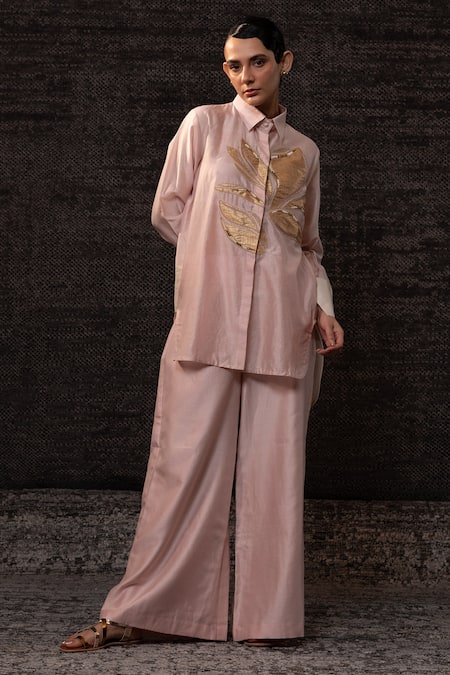 Shop Eeda Blush Chanderi Silk Patchwork Collared Floral Pattern Shirt With Pant Online at Aza Fashions Shop_Eeda_Blush Chanderi Silk Patchwork Collared Floral Pattern Shirt With Pant _Online_at_Aza_Fashions