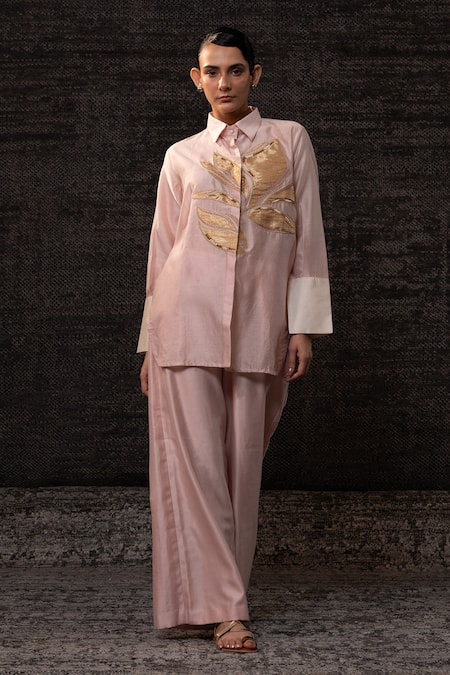 Buy Eeda Blush Chanderi Silk Patchwork Collared Floral Pattern Shirt With Pant Buy_Eeda_Blush Chanderi Silk Patchwork Collared Floral Pattern Shirt With Pant