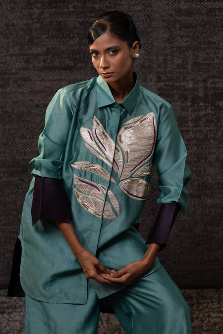 Buy Eeda Aqua Chanderi Silk Patchwork Collared Floral Pattern Shirt With Pant Online at Aza Fashions Buy_Eeda_Aqua Chanderi Silk Patchwork Collared Floral Pattern Shirt With Pant _Online_at_Aza_Fashions