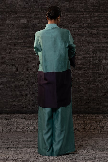 Shop Eeda Aqua Chanderi Silk Patchwork Collared Floral Pattern Shirt With Pant at Aza Fashions Shop_Eeda_Aqua Chanderi Silk Patchwork Collared Floral Pattern Shirt With Pant _at_Aza_Fashions
