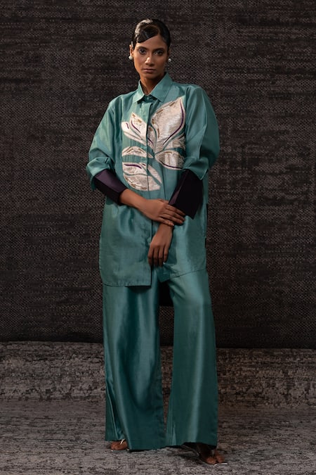 Eeda Aqua Chanderi Silk Patchwork Collared Floral Pattern Shirt With Pant