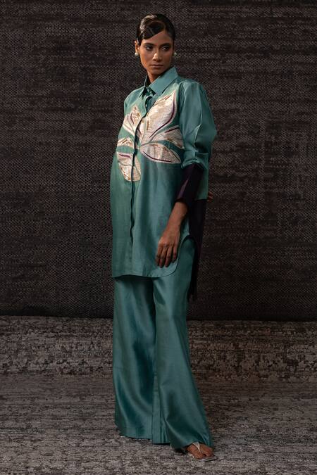 Shop Eeda Aqua Chanderi Silk Patchwork Collared Floral Pattern Shirt With Pant Online at Aza Fashions Shop_Eeda_Aqua Chanderi Silk Patchwork Collared Floral Pattern Shirt With Pant _Online_at_Aza_Fashions