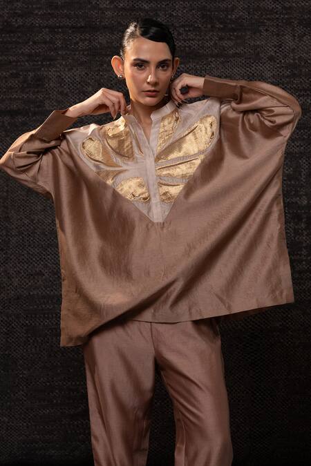 Buy_Eeda_Brown Chanderi Silk Patchwork Mandarin Collar Top With Pant _Online_at_Aza_Fashions