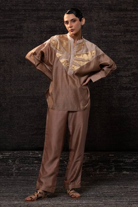 Shop_Eeda_Brown Chanderi Silk Patchwork Mandarin Collar Top With Pant _Online_at_Aza_Fashions