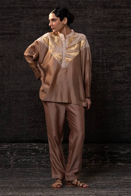 Eeda_Brown Chanderi Silk Patchwork Mandarin Collar Top With Pant _at_Aza_Fashions
