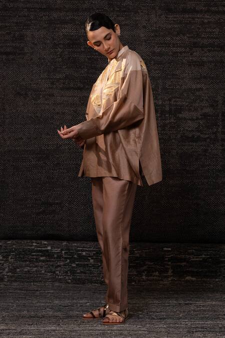 Buy_Eeda_Brown Chanderi Silk Patchwork Mandarin Collar Top With Pant 