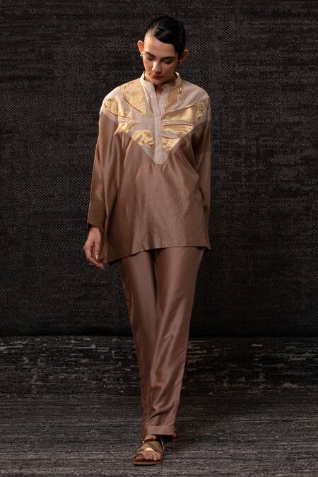 Shop_Eeda_Brown Chanderi Silk Patchwork Mandarin Collar Top With Pant 