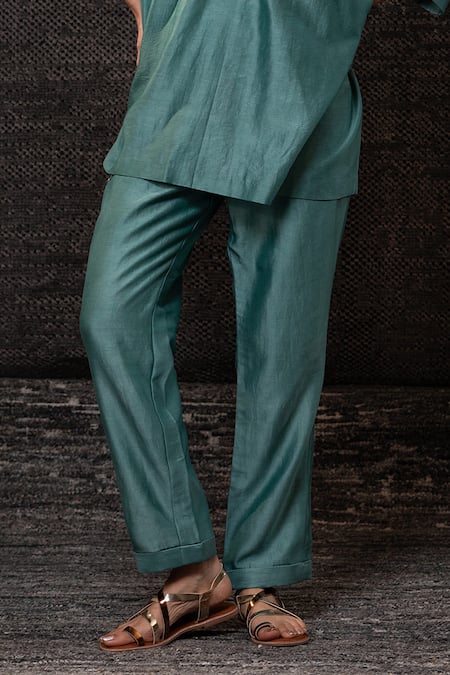 Eeda Aqua Chanderi Silk Embroidery, Patchwork Mandarin Collar Top With Pant Online at Aza Fashions Eeda_Aqua Chanderi Silk Embroidery, Patchwork Mandarin Collar Top With Pant _Online_at_Aza_Fashions