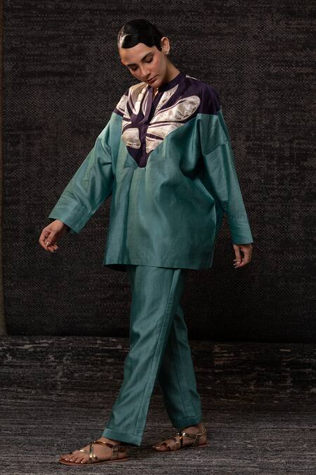 Buy Eeda Aqua Chanderi Silk Embroidery, Patchwork Mandarin Collar Top With Pant Online at Aza Fashions Buy_Eeda_Aqua Chanderi Silk Embroidery, Patchwork Mandarin Collar Top With Pant _Online_at_Aza_Fashions