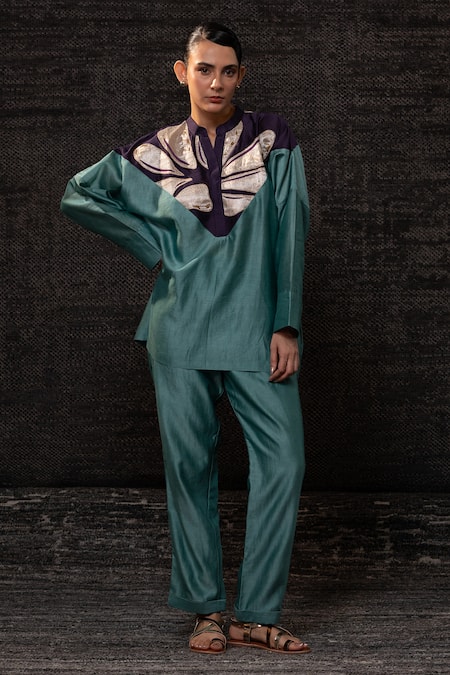 Eeda Aqua Chanderi Silk Embroidery, Patchwork Mandarin Collar Top With Pant