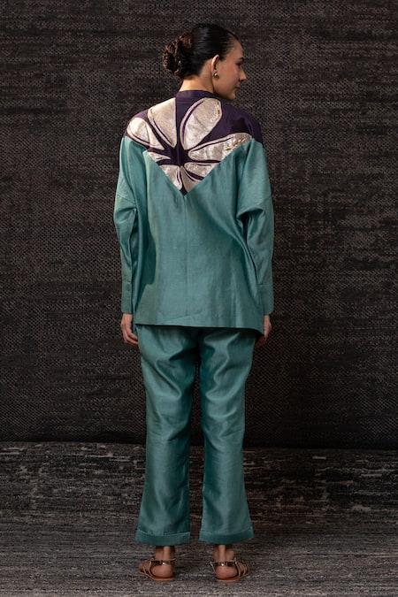 Shop Eeda Aqua Chanderi Silk Embroidery, Patchwork Mandarin Collar Top With Pant at Aza Fashions Shop_Eeda_Aqua Chanderi Silk Embroidery, Patchwork Mandarin Collar Top With Pant _at_Aza_Fashions