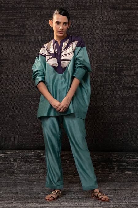 Eeda Aqua Chanderi Silk Embroidery, Patchwork Mandarin Collar Top With Pant at Aza Fashions Eeda_Aqua Chanderi Silk Embroidery, Patchwork Mandarin Collar Top With Pant _at_Aza_Fashions