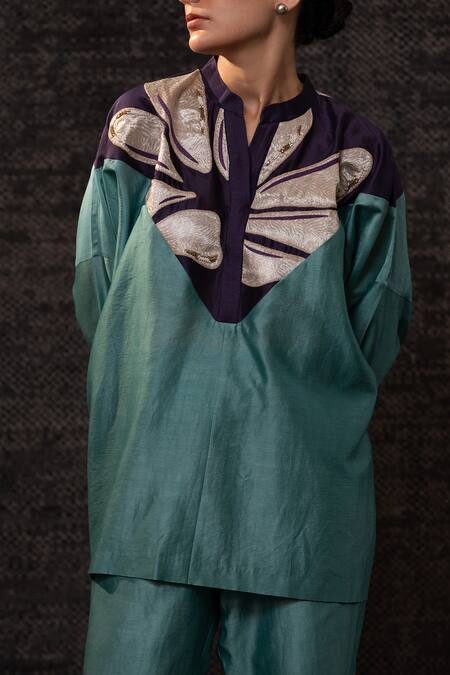 Buy Eeda Aqua Chanderi Silk Embroidery, Patchwork Mandarin Collar Top With Pant Buy_Eeda_Aqua Chanderi Silk Embroidery, Patchwork Mandarin Collar Top With Pant