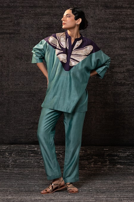 Shop Eeda Aqua Chanderi Silk Embroidery, Patchwork Mandarin Collar Top With Pant Shop_Eeda_Aqua Chanderi Silk Embroidery, Patchwork Mandarin Collar Top With Pant