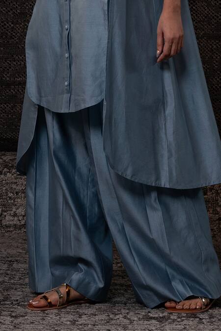 Eeda_Blue Chanderi Silk Embroidery Mandarin Collar Contrast Yoke Kurta With Pant _Online_at_Aza_Fashions