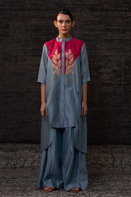 Shop_Eeda_Blue Chanderi Silk Embroidery Mandarin Collar Contrast Yoke Kurta With Pant _Online_at_Aza_Fashions