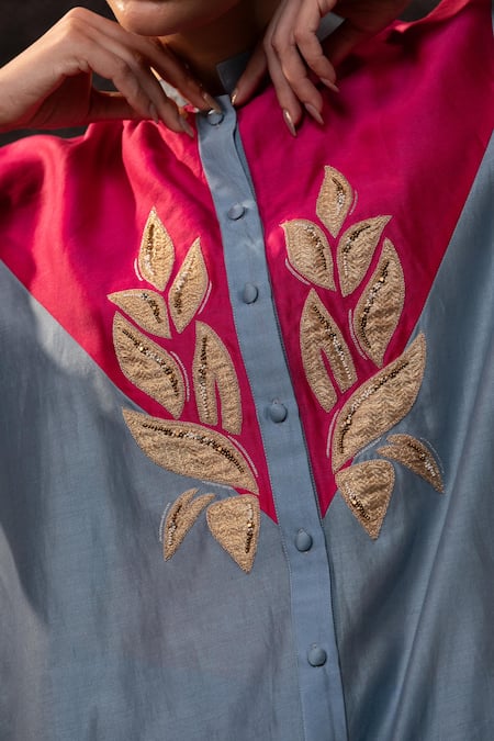 Eeda_Blue Chanderi Silk Embroidery Mandarin Collar Contrast Yoke Kurta With Pant _at_Aza_Fashions
