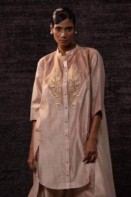 Shop_Eeda_Cream Chanderi Silk Embroidery Mandarin Collar Contrast Yoke Kurta With Pant _Online_at_Aza_Fashions