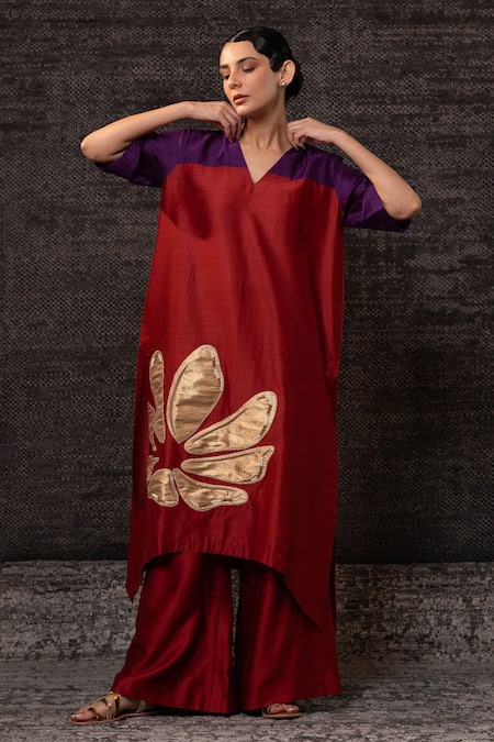Eeda_Red Chanderi Silk Applique, Patchwork V-neck Floral Pattern Kurta With Palazzo _Online_at_Aza_Fashions