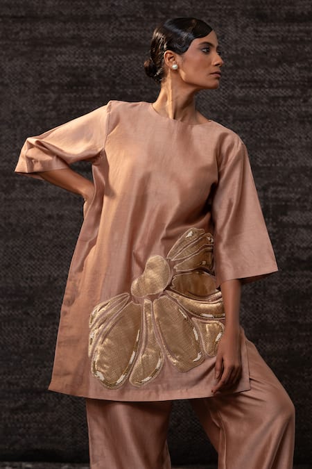 Eeda_Rose Gold Chanderi Silk Applique, Embroidery, Floral Pattern Tunic With Palazzo _Online_at_Aza_Fashions