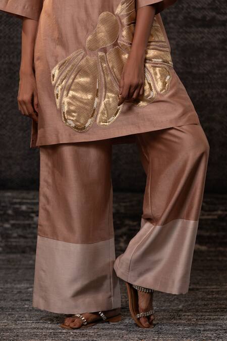 Buy_Eeda_Rose Gold Chanderi Silk Applique, Embroidery, Floral Pattern Tunic With Palazzo _Online_at_Aza_Fashions