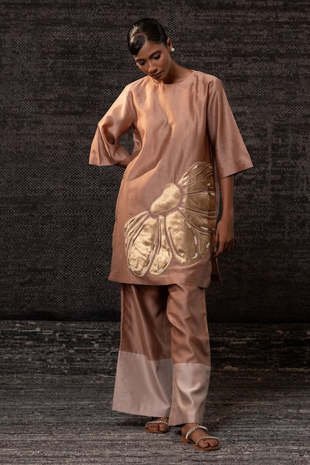 Eeda_Rose Gold Chanderi Silk Applique, Embroidery, Floral Pattern Tunic With Palazzo _at_Aza_Fashions