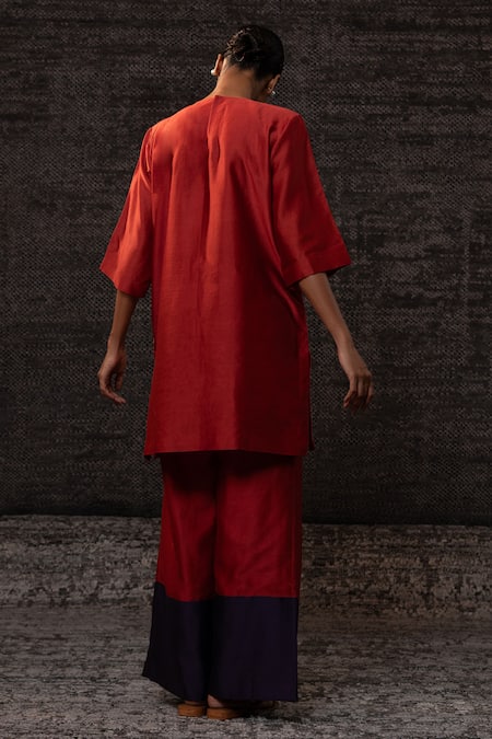 Shop Eeda Red Chanderi Silk Applique, Embroidery Round Neck Tunic With Palazzo at Aza Fashions Shop_Eeda_Red Chanderi Silk Applique, Embroidery Round Neck Tunic With Palazzo _at_Aza_Fashions