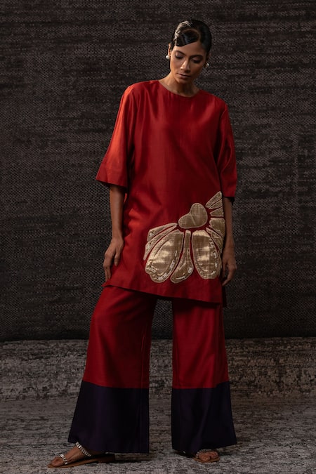 Eeda Red Chanderi Silk Applique, Embroidery Round Neck Tunic With Palazzo