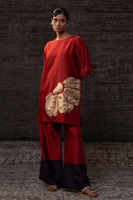 Buy Eeda Red Chanderi Silk Applique, Embroidery Round Neck Tunic With Palazzo Online at Aza Fashions Buy_Eeda_Red Chanderi Silk Applique, Embroidery Round Neck Tunic With Palazzo _Online_at_Aza_Fashions