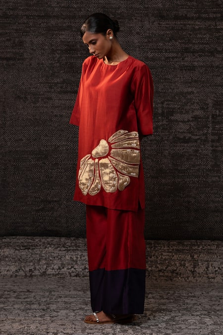 Shop Eeda Red Chanderi Silk Applique, Embroidery Round Neck Tunic With Palazzo Online at Aza Fashions Shop_Eeda_Red Chanderi Silk Applique, Embroidery Round Neck Tunic With Palazzo _Online_at_Aza_Fashions