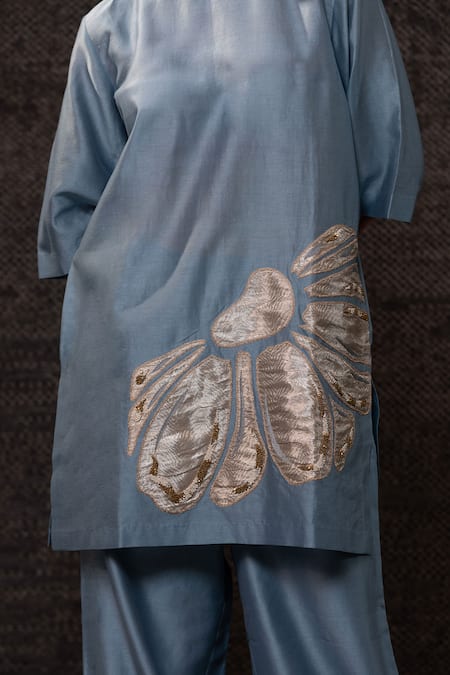 Eeda_Blue Chanderi Silk Applique, Embroidery Round Neck Tunic With Palazzo _Online_at_Aza_Fashions