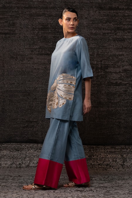 Shop_Eeda_Blue Chanderi Silk Applique, Embroidery Round Neck Tunic With Palazzo _Online_at_Aza_Fashions