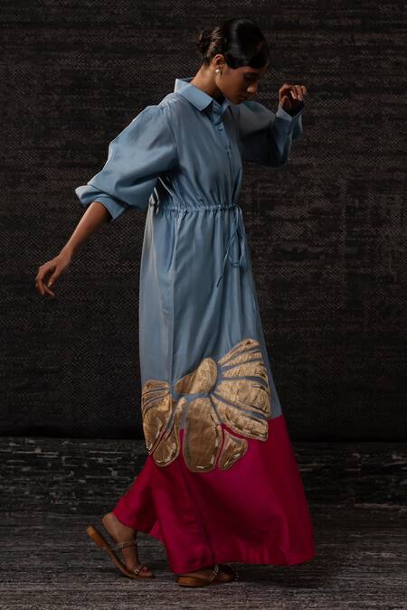 Eeda_Blue Chanderi Silk Applique Collared Floral Pattern Shirt Dress _Online_at_Aza_Fashions